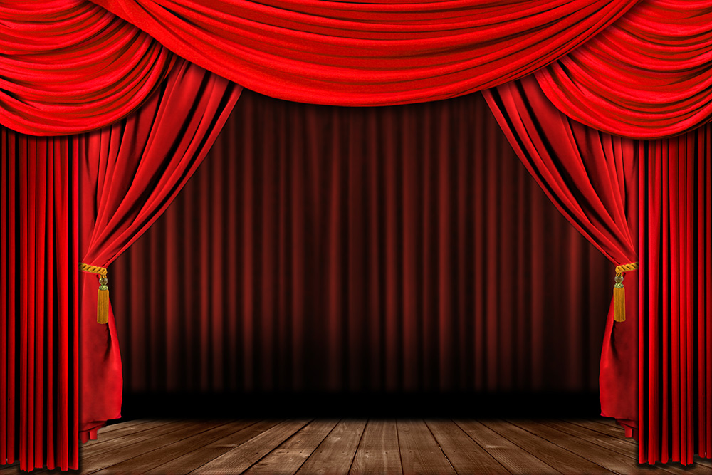 Papier peint photo - Rideaux rouges dans un théâtre sur sol en bois, fermé