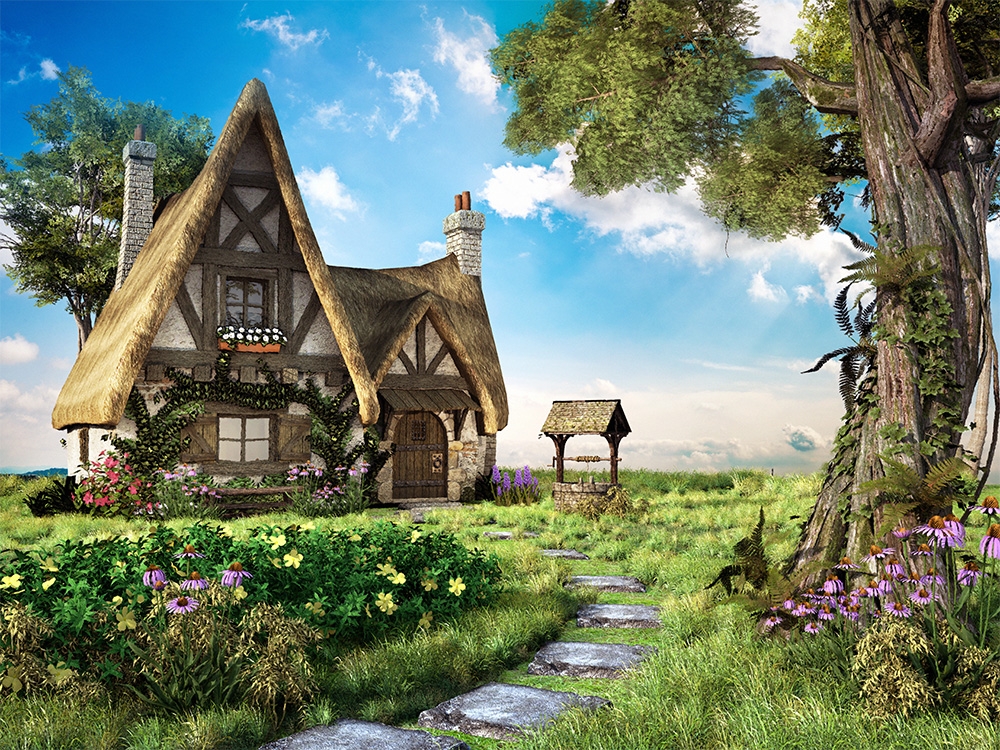 Papier peint photo - Maison de campagne romantique avec toit de chaume au milieu d'un jardin fleuri et d'un vieux puits