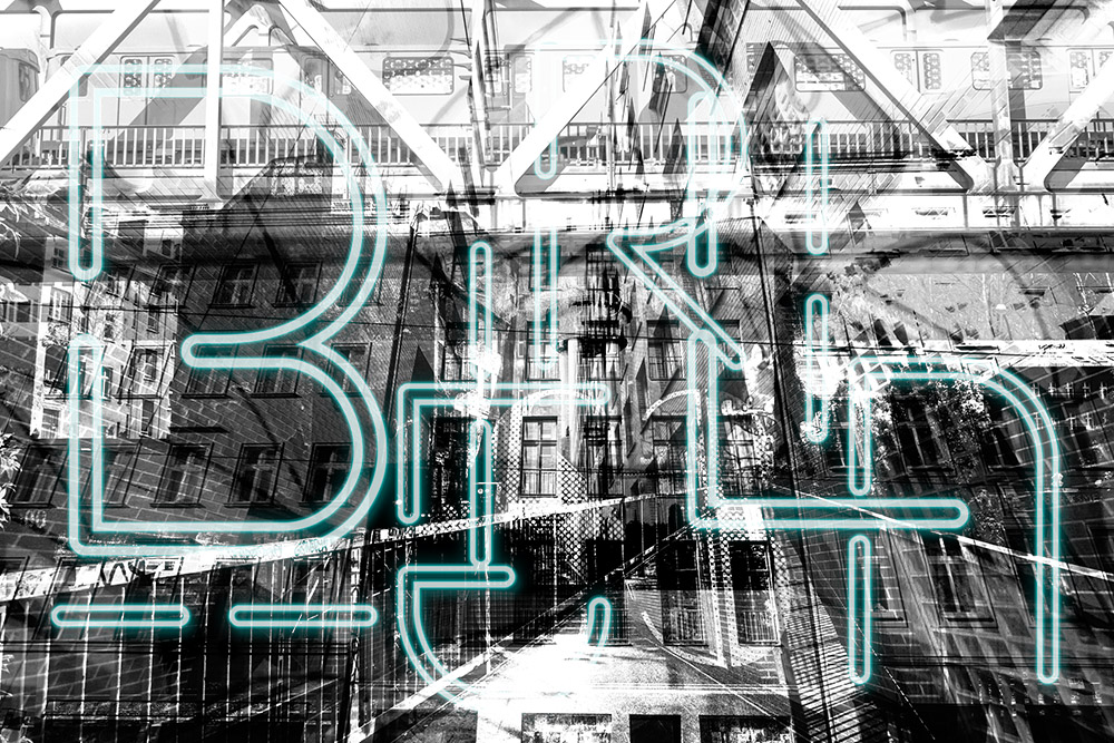Papier peint photo - collage d'architecture berlinoise et d'inscription au néon