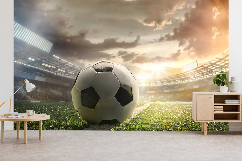 Papier peint photo - Football sur gazon dans un stade au coucher du soleil