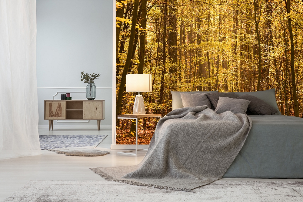 Papier peint photo - Chambre à coucher confortable avec un papier peint forêt d'automne en arrière-plan