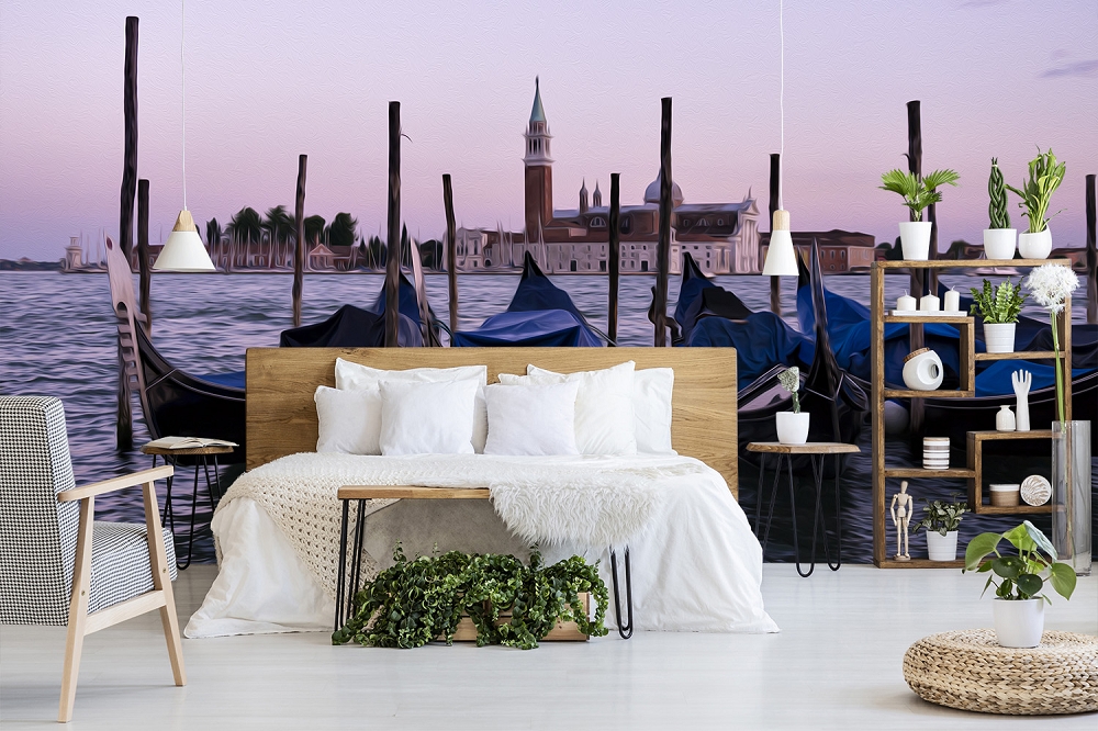 Papier peint photo - paysage de coucher de soleil à Venise avec des gondoles et un bâtiment historique en arrière-plan