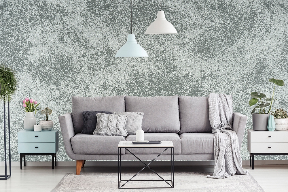 Papier peint photo - Canapé gris avec coussins, plantes et lampes suspendues dans un salon décoré avec style