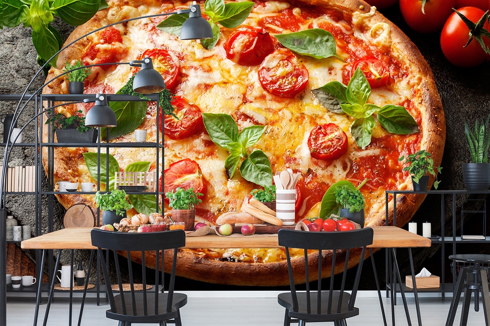 Papier peint photo - Grand motif de pizza avec tomates et basilic dans une cuisine élégante