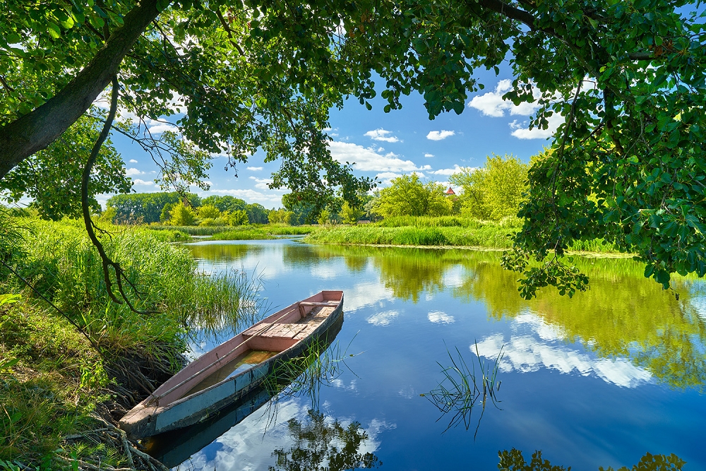Papier peint photo - paysage de rivière paisible avec un vieux bateau sous des arbres ombragés et un reflet clair dans l'eau
