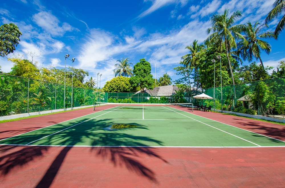 Papier peint photo - court de tennis dans un environnement tropical avec des palmiers et un ciel bleu
