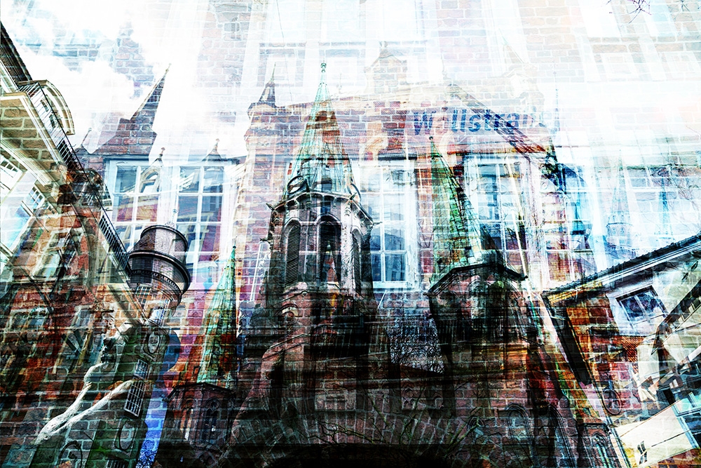 Papier peint photo - mélange impressionnant d'architecture ancienne en briques et d'effets contemporains