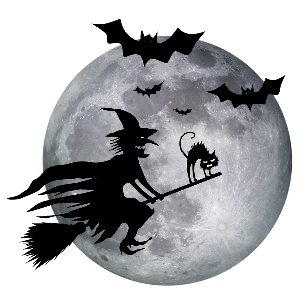 Tatouage mural - sorcière volante avec chat et chauve-souris devant la pleine lune