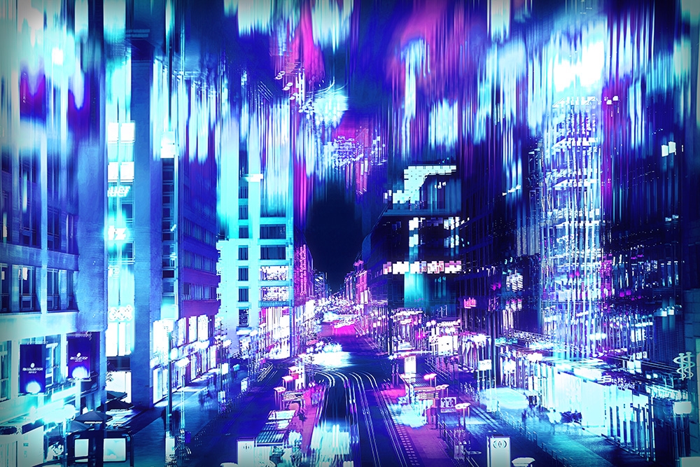 Papier peint photo - image abstraite d'une ville moderne avec des couleurs néon vives et des lignes verticales bleues et violettes