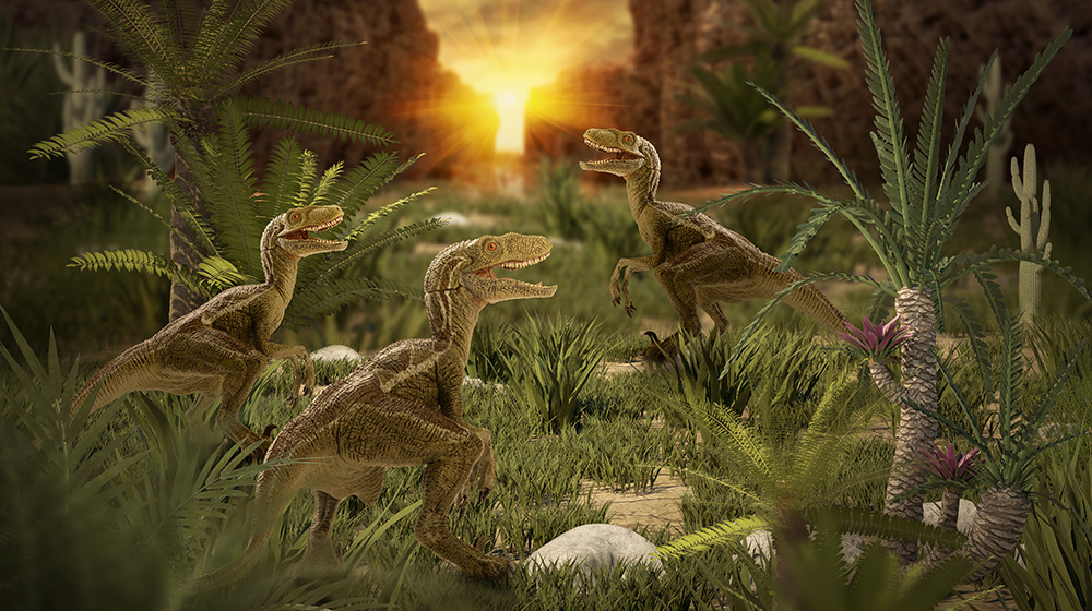 Papier peint photo - dinosaures dans un paysage vert au coucher du soleil