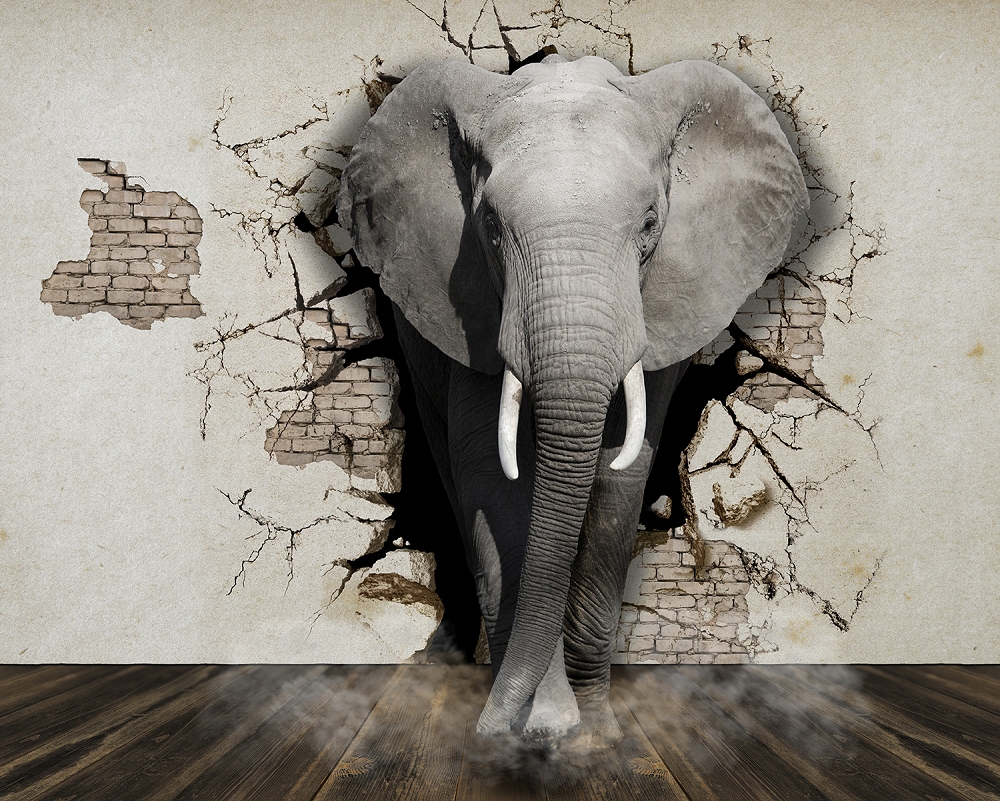 Papier peint photo - Un éléphant perce un mur de briques pour un effet spectaculaire