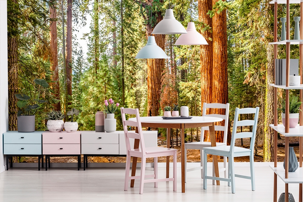 Papier peint photo - salle à manger avec table et chaises devant un mur avec un paysage de forêt, décoré avec des plantes et des lampes