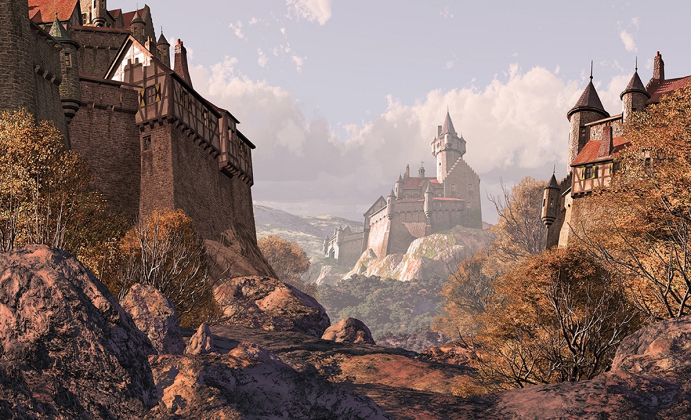 Papier peint photo - Vue romantique d'un château dans un paysage d'automne avec des sentiers rocheux et un ciel nuageux