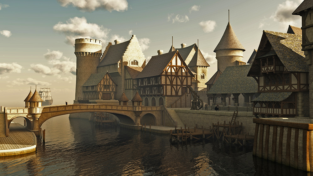 Papier peint photo - ville historique avec maisons à colombages, pont et eau dans une douce lumière
