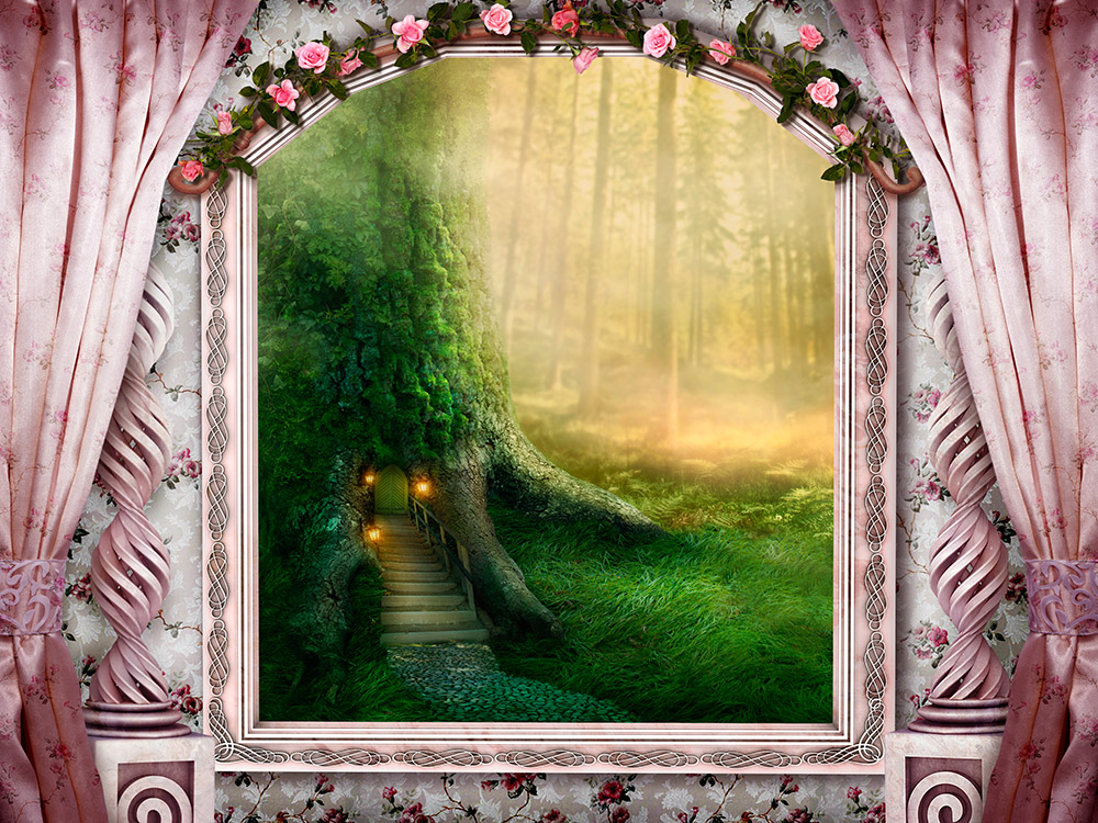 Papier peint photo - Fenêtre décorée avec vue sur une forêt mystique montrant une porte avec escalier intégrée dans un tronc d'arbre