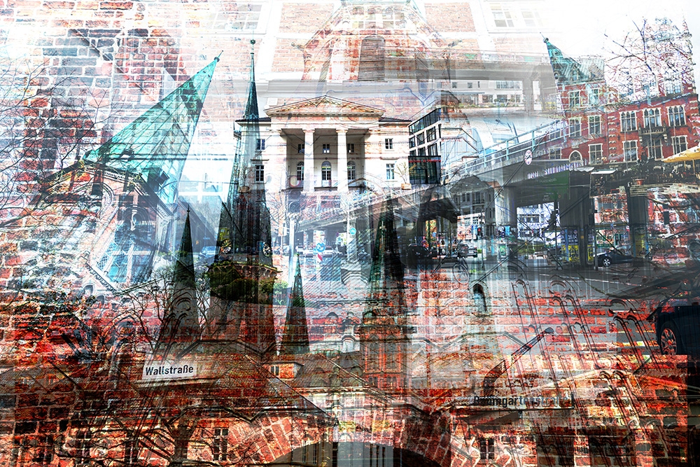 Papier peint photo - Collage artistique montre divers éléments d'architecture urbaine et des scènes de rue vivantes.