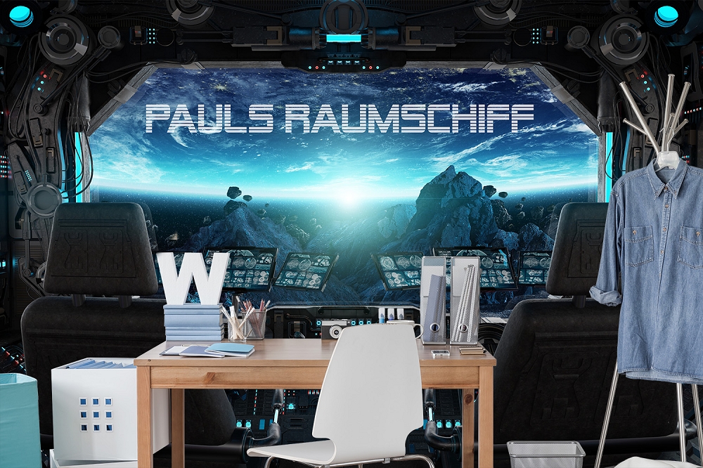 Papier peint photo - Intérieur du cockpit d'un vaisseau spatial futuriste avec vue sur la planète Terre bleue et lumineuse dans l'espace
