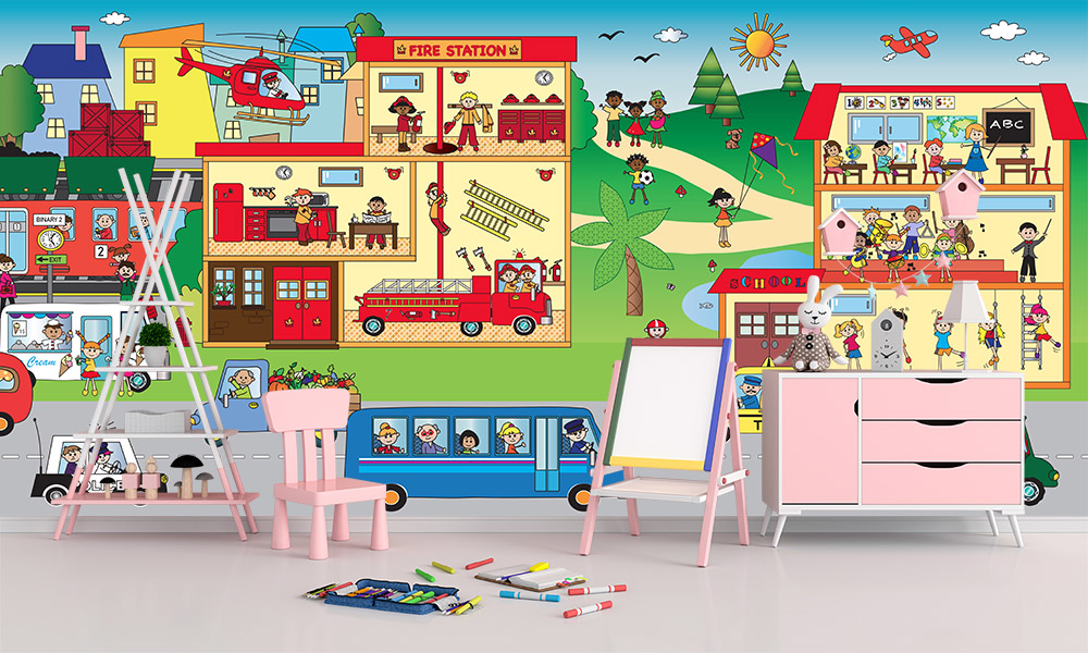 Papier peint photo - Un monde d'enfants joyeux avec une caserne de pompiers, un bâtiment scolaire et une aire de jeux animée.