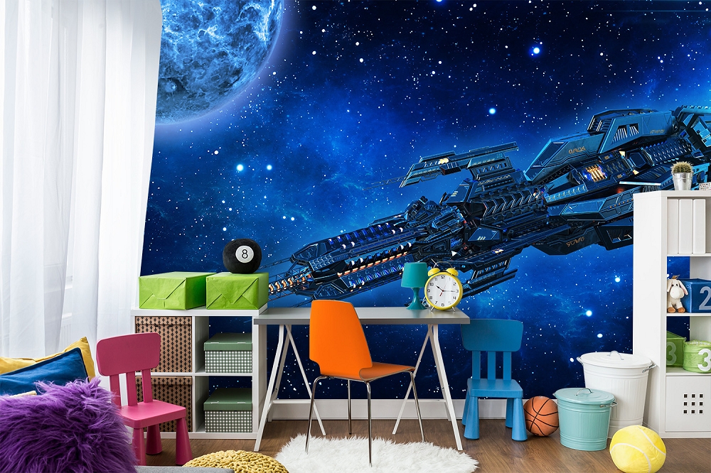 Papier peint photo - vaisseau spatial futuriste dans l'espace devant une planète bleue, décoré avec des meubles modernes