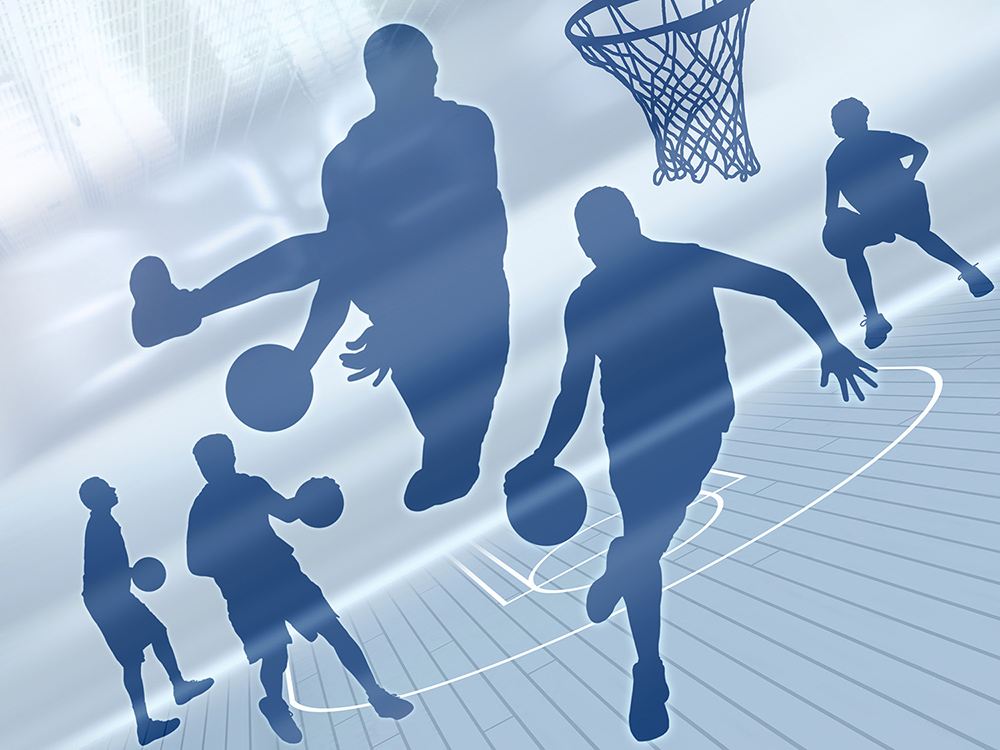Papier peint photo - Silhouettes de joueurs de basket-ball dans différentes positions de jeu sur un terrain de basket-ball stylisé