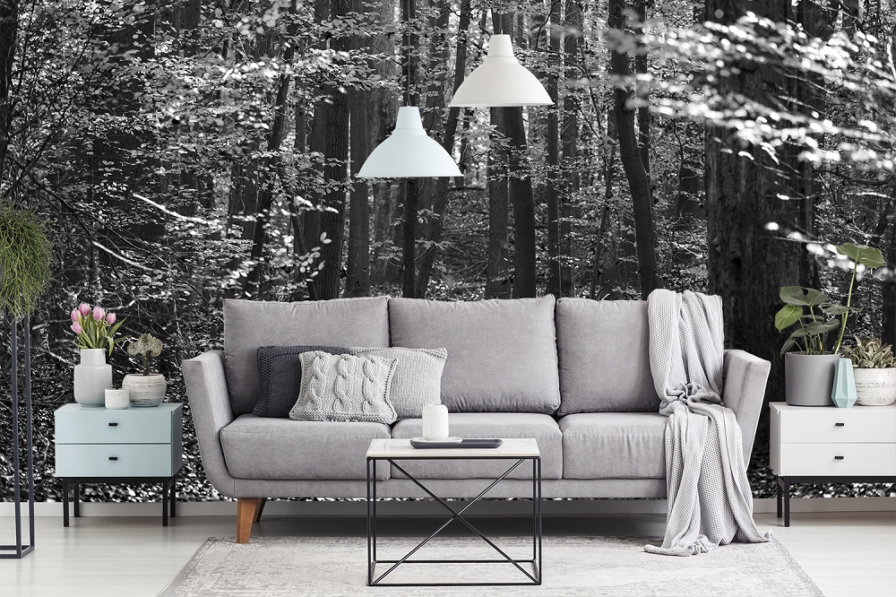Papier peint photo - Salon confortable avec un canapé gris, des suspensions modernes et un papier peint noir et blanc de la forêt en arrière-plan