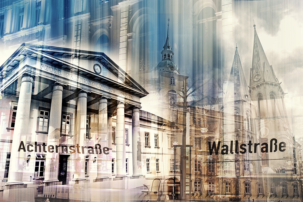 Papier peint photo - Bâtiments historiques de la vieille ville avec les panneaux de rue de Achternstraße et Wallstraße au design artistique