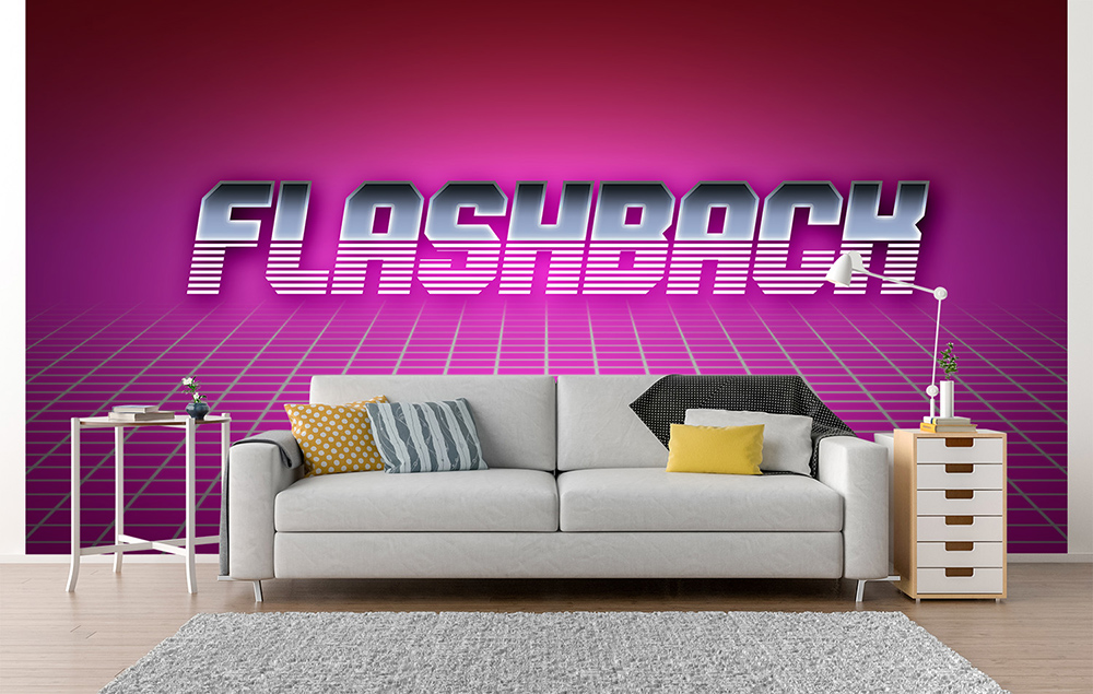 Papier peint photo - design rétro avec le mot 'FLASHBACK' en gros caractères et des grilles magenta lumineuses derrière un canapé moderne
