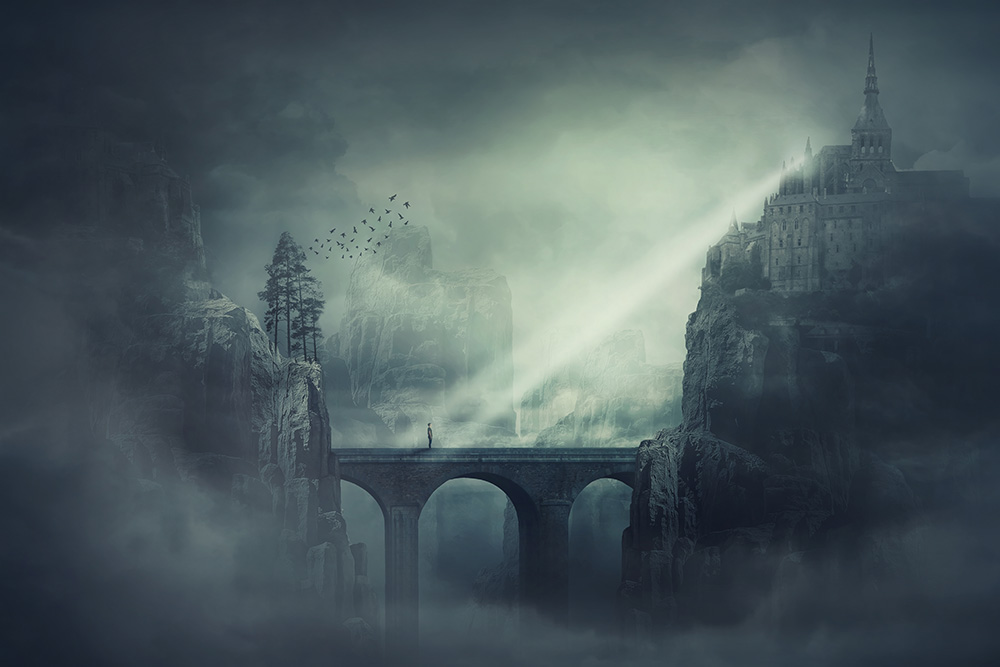 Papier peint photo - paysage mystique avec pont et château dans la brume