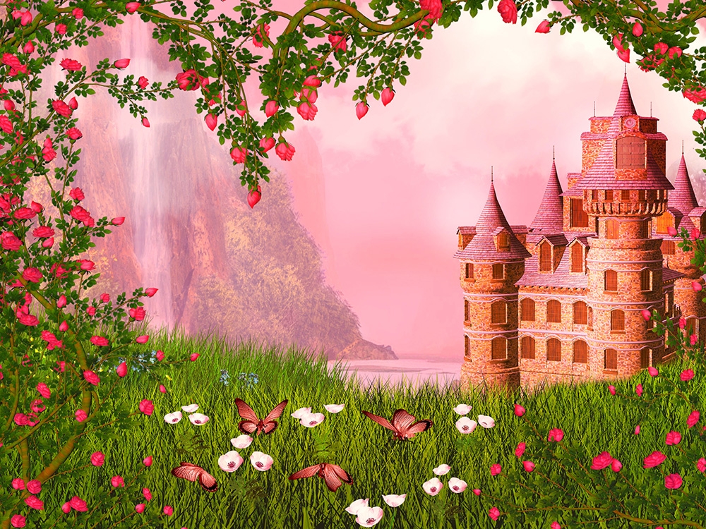 Papier peint photo - château entouré de roses en fleurs et de papillons dans un paysage idyllique avec un ciel rose