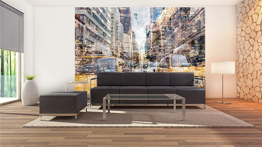 Papier peint photo - salon avec une grande image de la ville comme décoration murale et élégante
