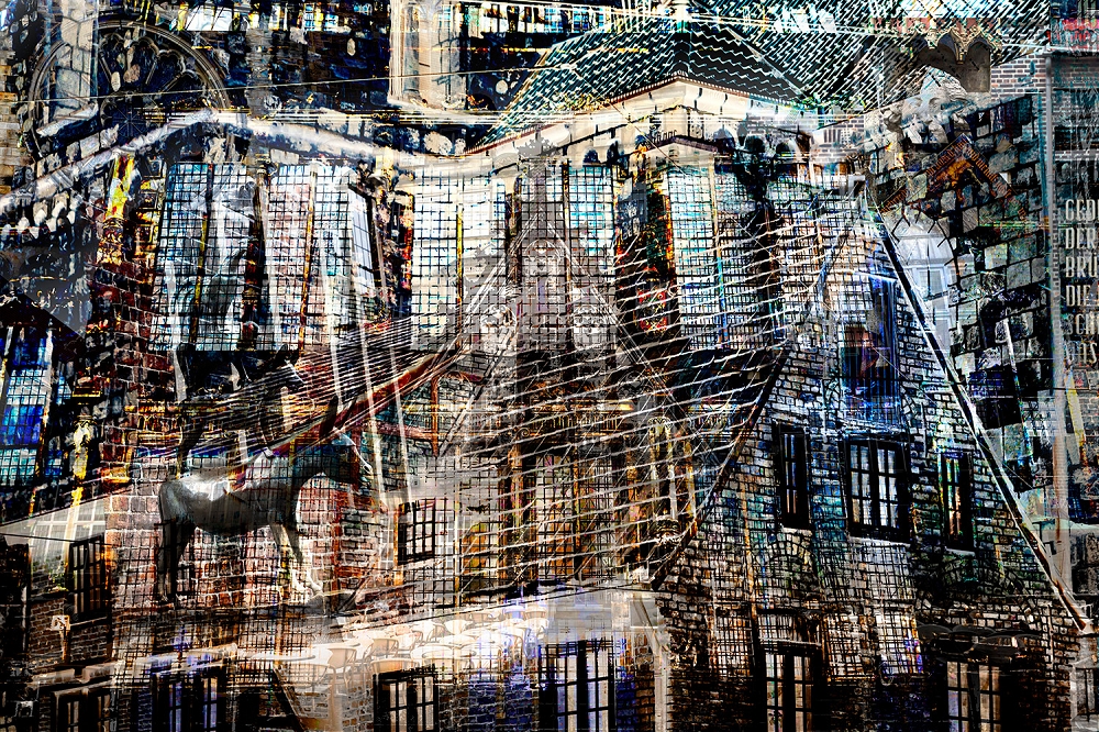 Papier peint photo - Composition complexe de structures architecturales avec des fenêtres, un cheval et différents motifs dans des tons sombres