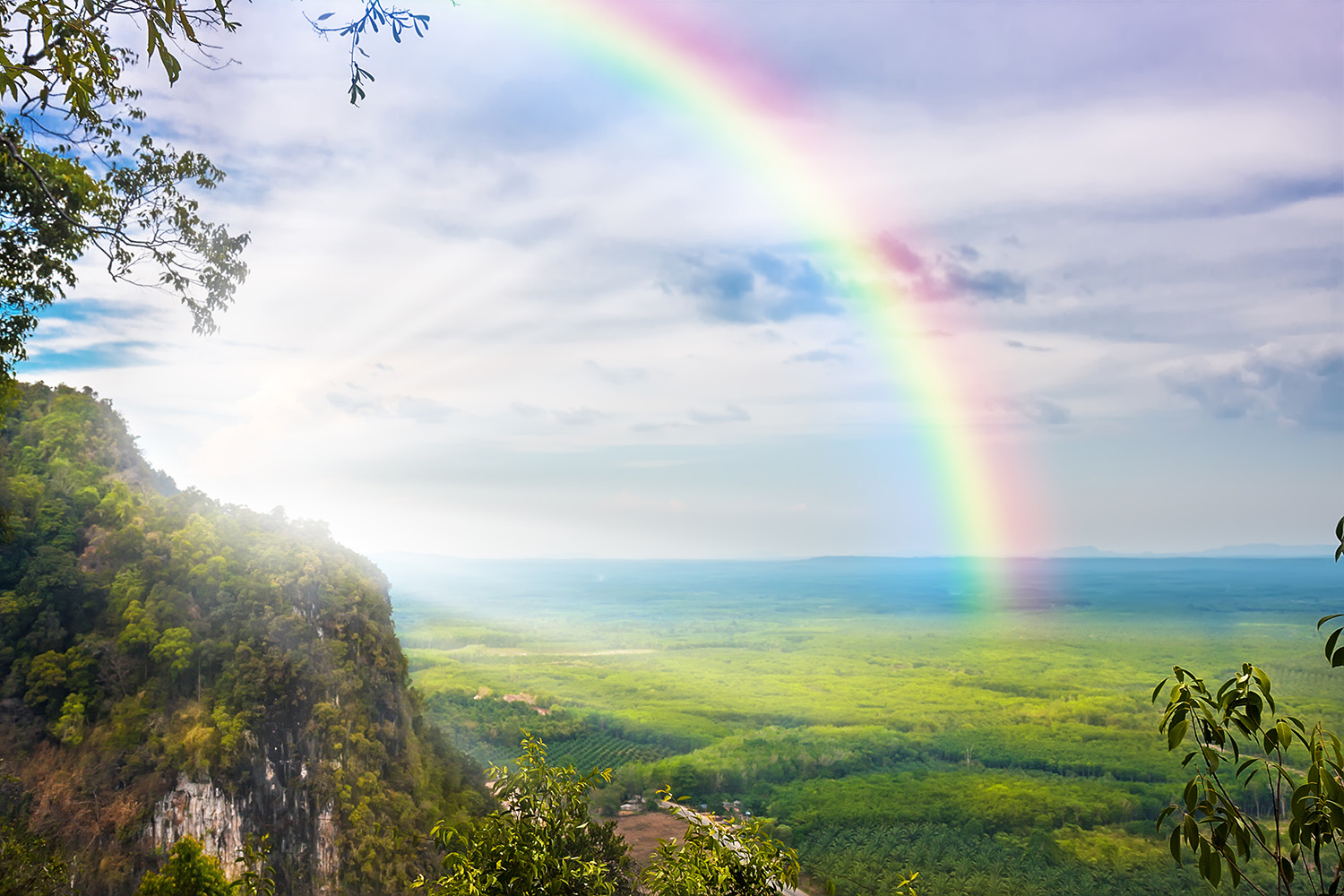 Papier peint photo - arc-en-ciel s'étendant sur une vallée luxuriante et boisée avec une nature en fleurs