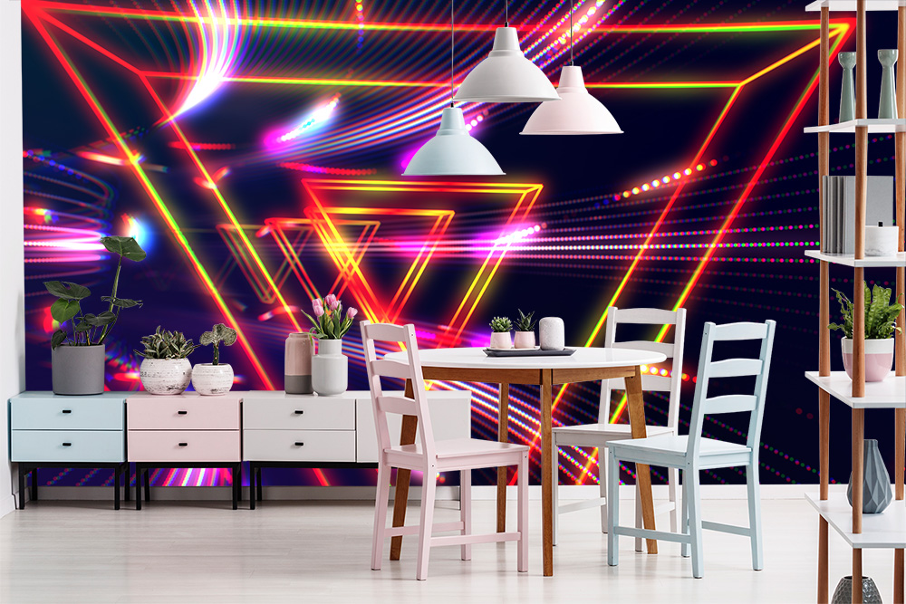 Papier peint photo - salle à manger avec chaises et table devant un mur au design néon coloré