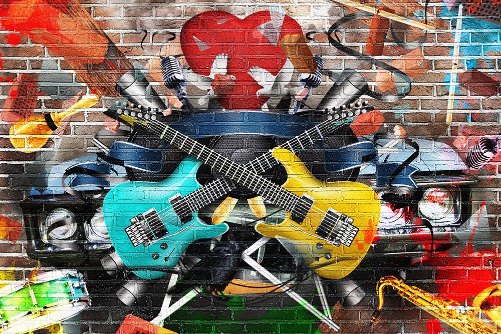 Papier peint photo - Mur de graffiti coloré avec des guitares électriques croisées, des micros et des instruments de musique sur de la brique