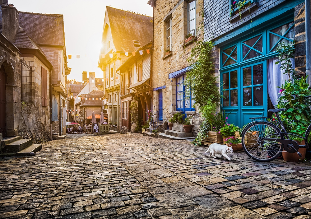 Papier peint photo - rue pavée dans une vieille ville avec des maisons à colombages, un vélo et un chat au coucher du soleil