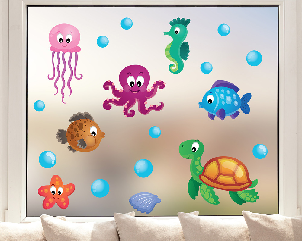 Autocollants de fenêtre - animaux marins avec poissons, méduse, hippocampe etc. pour la chambre d'enfant