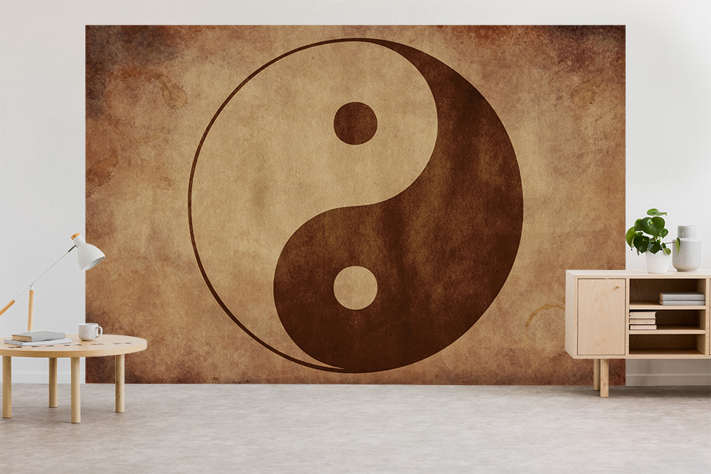 Papier peint photo - salon avec grand papier peint représentant un symbole yin-yang de style vintage