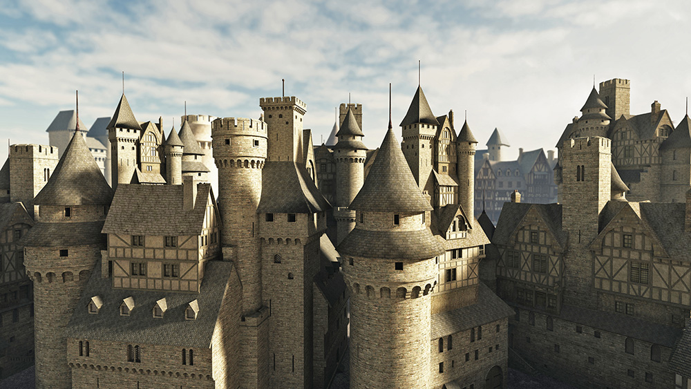Papier peint photo - Vue détaillée d'un impressionnant château médiéval avec de nombreuses tours et créneaux
