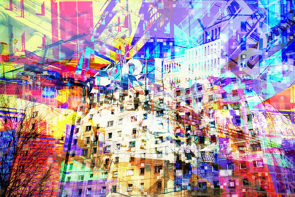 Papier peint photo - Collage vivant de bâtiments et de motifs abstraits aux couleurs vives