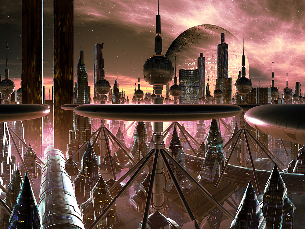Papier peint photo - Vue d'une ville futuriste avec une architecture impressionnante et des structures sci-fi dans la lumière du soir
