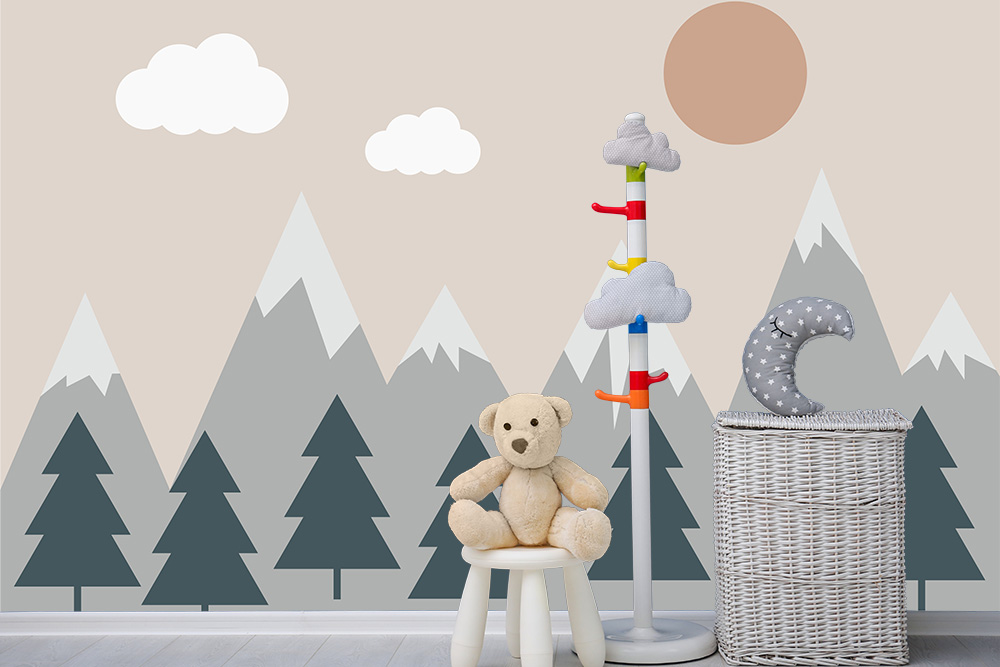 Papier peint photo - Illustration d'un paysage de forêt avec un ours en peluche et un coussin de lune dans une chambre d'enfant