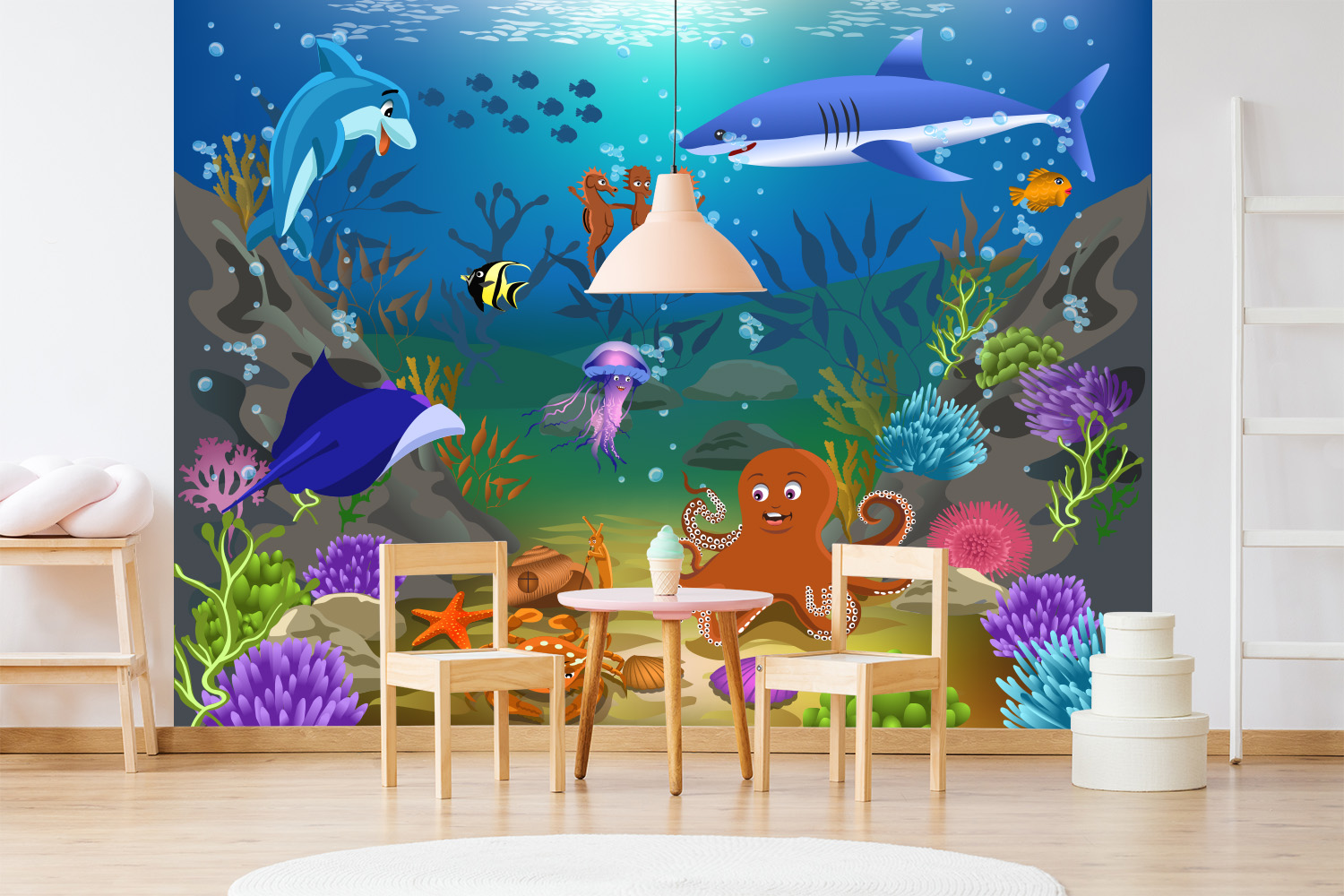 Papier peint photo - Monde sous-marin coloré avec dauphin, requin, pieuvre et corail