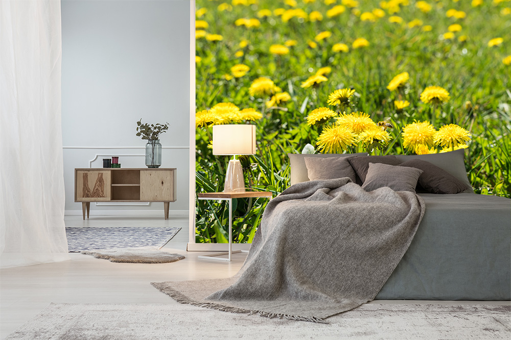 Papier peint photo - chambre à coucher avec un grand motif de pissenlit, des draps gris, une table de nuit et un décor discret