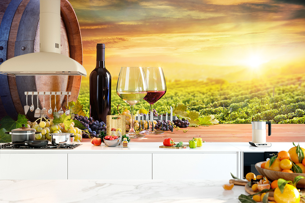 Papier peint photo - Cuisine moderne avec en toile de fond un vignoble avec un tonneau de vin, une bouteille de vin, des verres à vin et des ingrédients frais