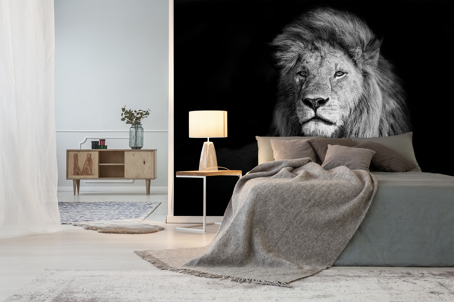 Papier peint photo - portrait noir et blanc d'un lion comme décoration murale dans la chambre à coucher