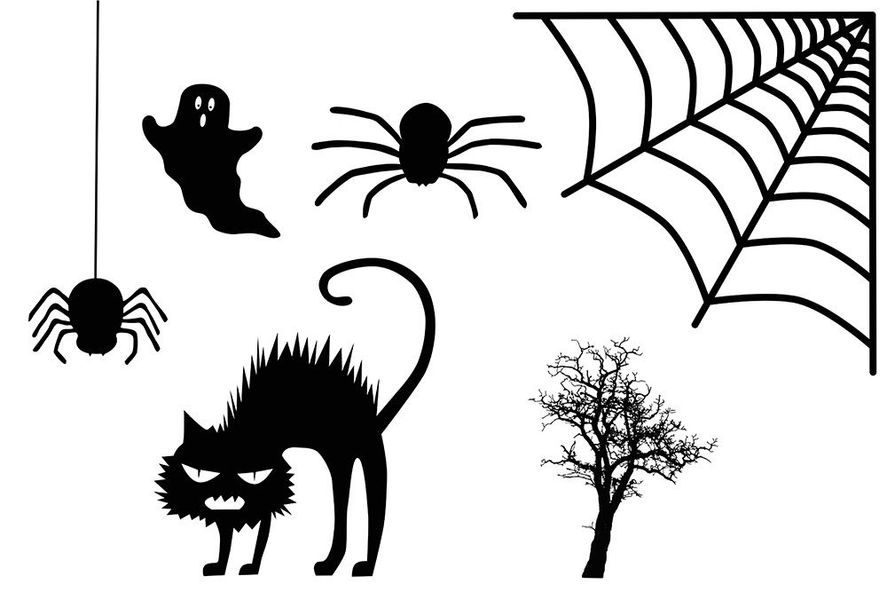 Stickers pour fenêtres d'Halloween - chat, fantôme, araignées, etc.