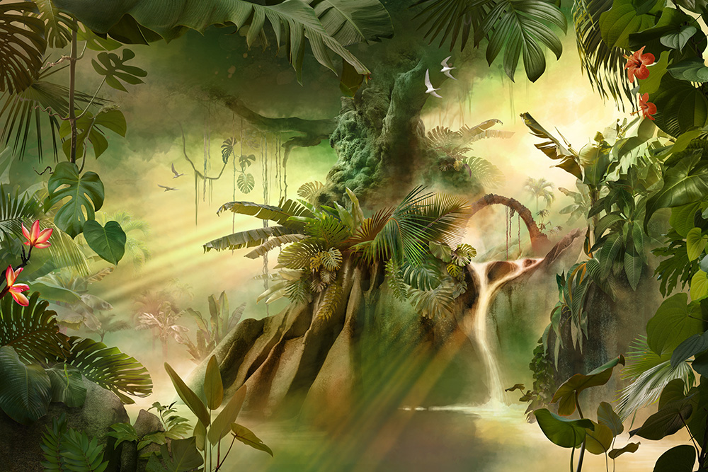 Papier peint photo - Une scène de jungle impressionnante avec des plantes tropicales, une chute d'eau et la douce lumière du soleil qui traverse les feuilles.