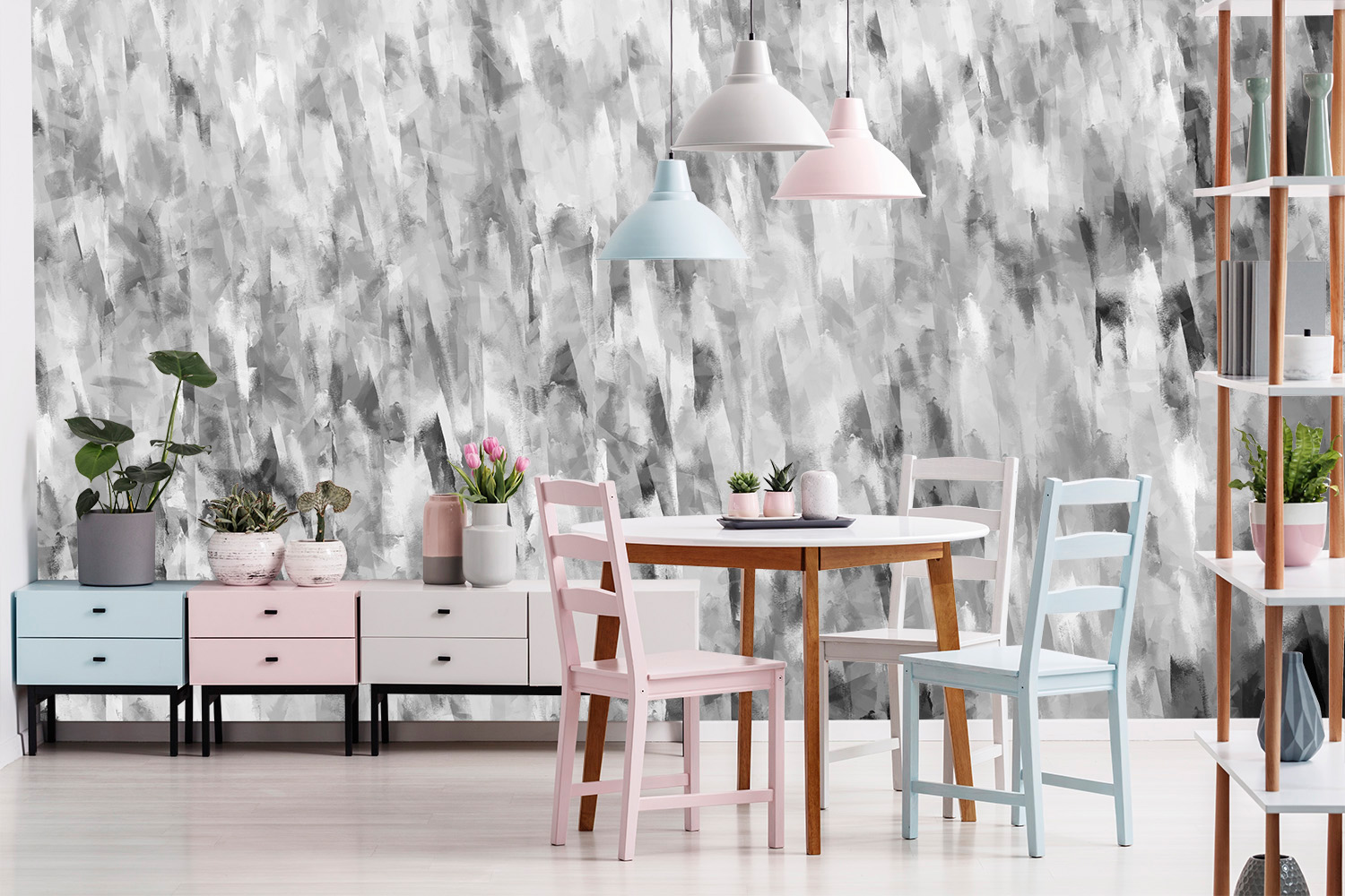 Papier peint photo - Salle à manger moderne avec papier peint abstrait noir et blanc, chaises pastel et plantes