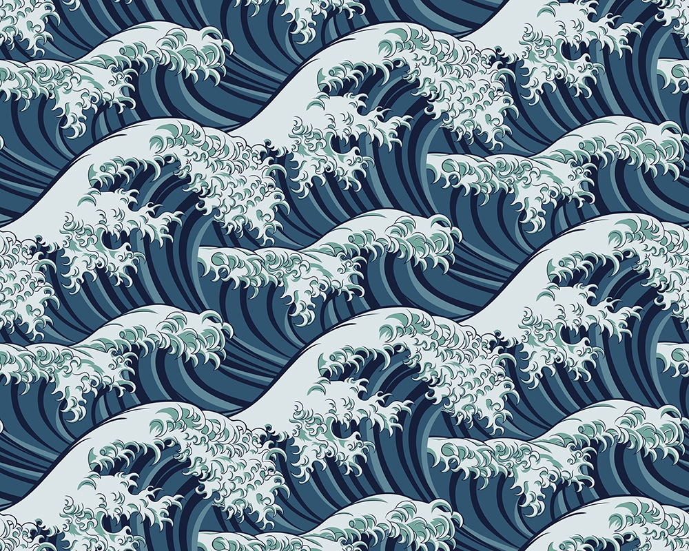 Papier peint photo - Illustration de vagues d'océan stylisées au design japonais avec des couleurs bleues et blanches
