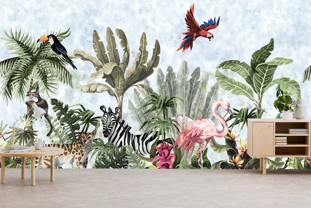 Papier peint photo - Scène de jungle colorée avec des animaux et des plantes tropicales, dont un flamant rose, un zèbre et un perroquet